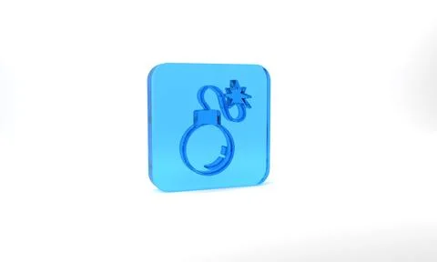 Blue Bomb ready to explode icon isolated on grey background. Glass square button Stock Illustration