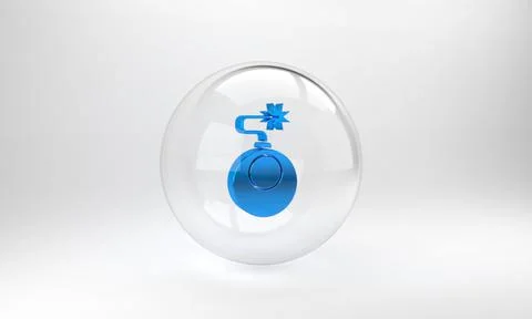 Blue Bomb ready to explode icon isolated on grey background. Glass circle but Stock Illustration
