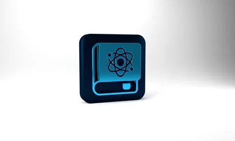 Blue Book about physics icon isolated on grey background. Blue square button. 3d Stock Illustration