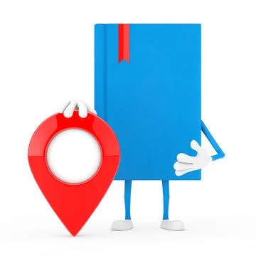 Blue Book Character Mascot with Map Pointer Pin. 3d Rendering Stock Illustration