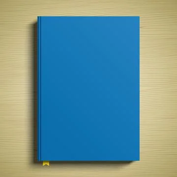 Blue book cover 3D vector mockup. A closed paperback book lying on a wooden Stock Illustration