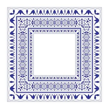 Blue border frame deco simple line corner ornate pattern. Square national orname Stock Illustration