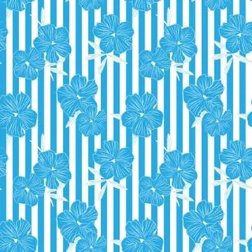 Blue Botanical Floral Seamless Pattern with striped Background Stock Illustration
