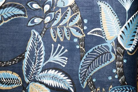 Blue Botanical Leaf Pattern on Dark Textile Background, Tropical Fabric Design Stock Photos
