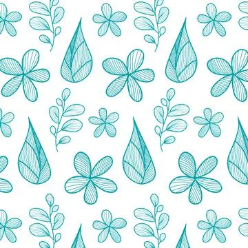 Blue botanical linear seamless pattern isolated on white background. Simple v Stock Illustration