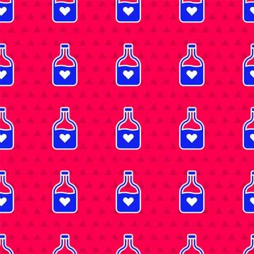 Blue Bottle with love potion icon isolated seamless pattern on red background Stock Illustration
