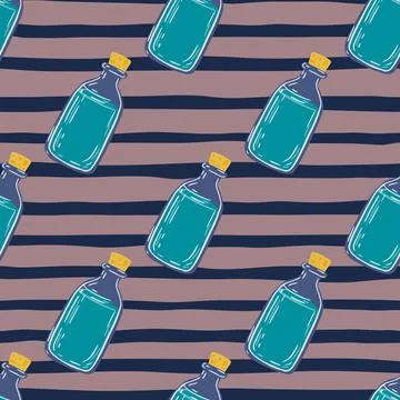Blue bottle with oils seamless pattern. Healthy medical backdrop with striped Stock Illustration