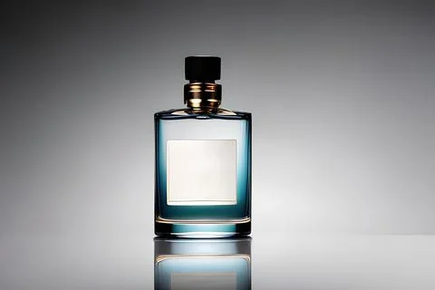 Blue bottle perfume mockup studio shot, isolated background, white label, m.. Ilustração Stock