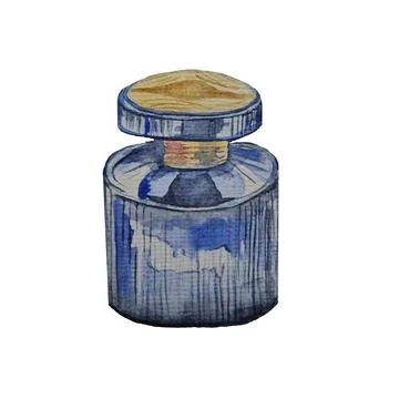 Blue bottle of perfume or eau de toilette with gold lid watercolor sketch Stock Illustration