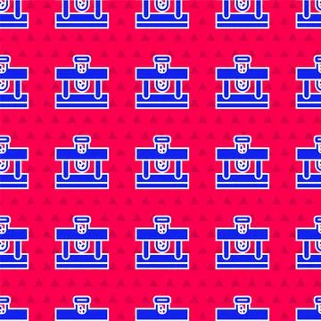 Blue Bottle with potion icon isolated seamless pattern on red background. Flask Stock Illustration