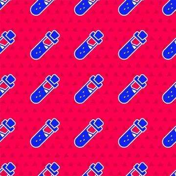 Blue Bottle with potion icon isolated seamless pattern on red background. Flask Stock Illustration