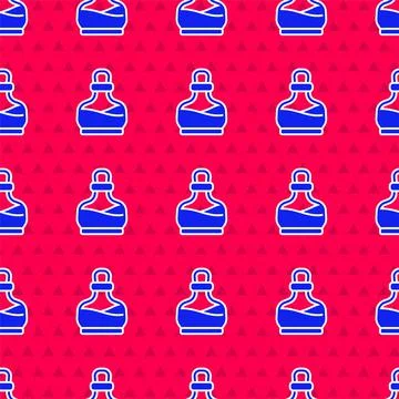 Blue Bottle with potion icon isolated seamless pattern on red background. Flask Stock Illustration