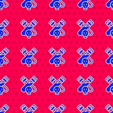 Blue Bottle with potion icon isolated seamless pattern on red background. Flask Stock Illustration
