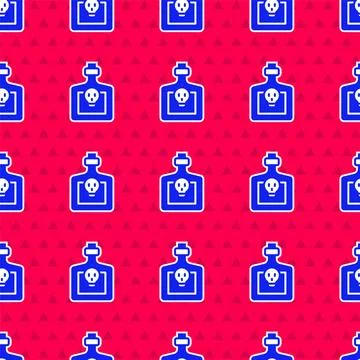 Blue Bottle with potion icon isolated seamless pattern on red background. Flask Stock Illustration