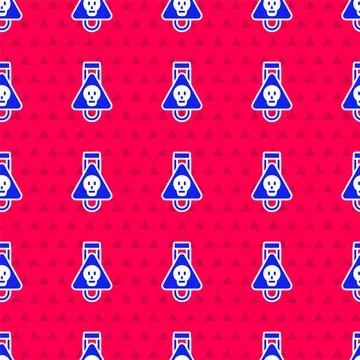 Blue Bottle with potion icon isolated seamless pattern on red background. F.. Stock Illustration
