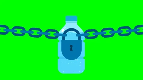 Blue bottle, water bubbles moving up. Bottle is behind chain with a closed lock Stock Footage 274018302