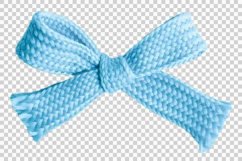 Blue bow made of thick knitted material on a blank background Stock Photos