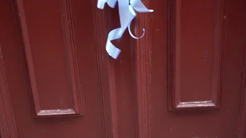 Blue bow. There is a bow hanging on the front door. Stock Footage 289582556