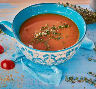 A blue bowl of creamy red tomato soup food illustration Stock Illustration