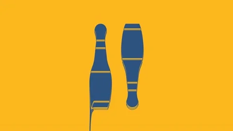 Blue Bowling pin icon isolated on orange background. Juggling clubs, circus Stock Footage 234016973