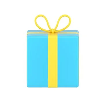 Blue box with yellow knot 3d icon. Square surprise tied luxurious ribbon 스톡 일러스트