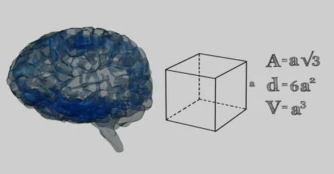 Blue brain and black math graphics against grey background Illustrazione stock