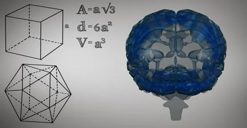 Blue brain and black math graphics against grey background Stock Illustration
