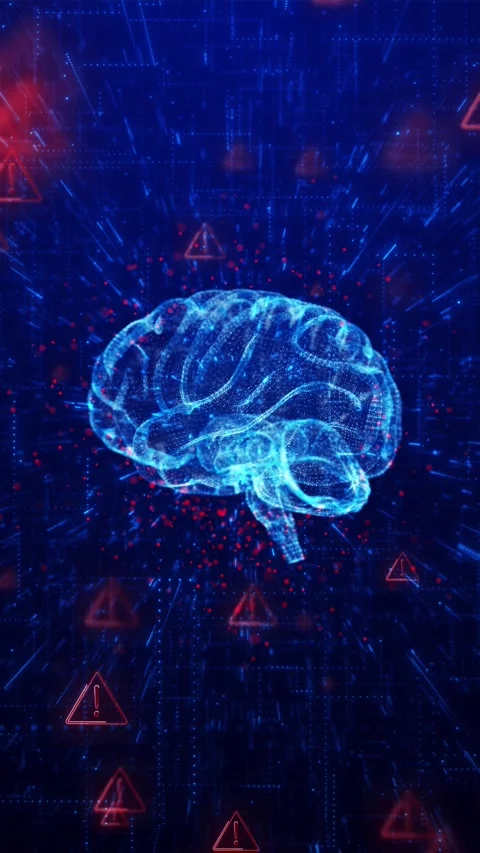 Blue brain cyber alert background with glowing neural form, red warning icons, a Stock Footage 340552182