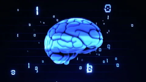 Blue brain in cyberspace with binary code elements. Cyber innovation in learning Stock Footage 252604194