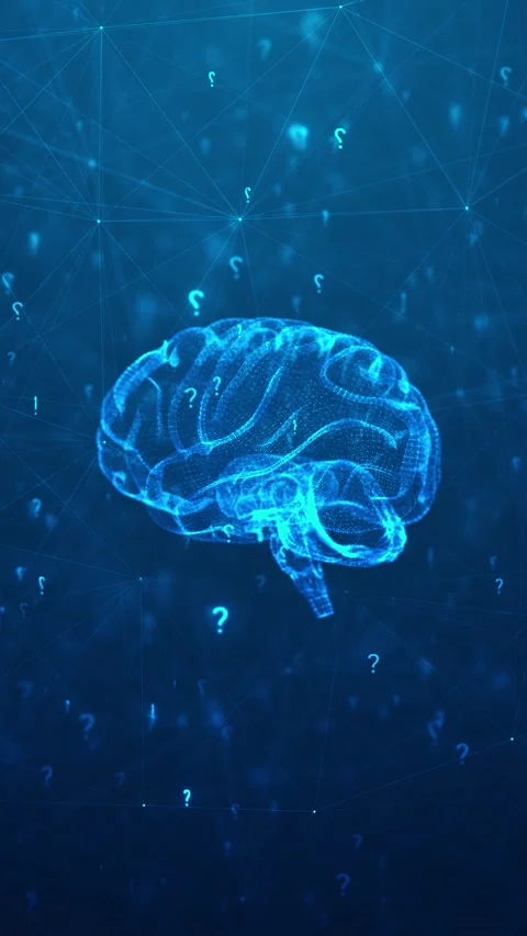 Blue brain question network background glowing anatomy, floating question marks, Stock Footage 340549837