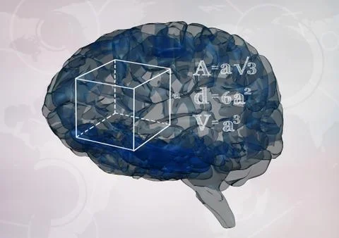Blue brain with white math graphic against white interface Stock Illustration