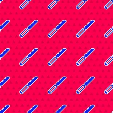 Blue Bread knife icon isolated seamless pattern on red background. Cutlery Stockillustratie