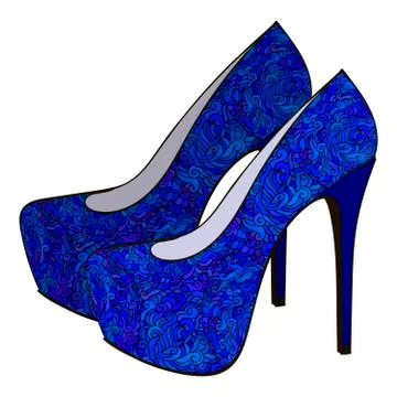 Blue bright modern high heels pump woman shoes with intricate oramental decor Stock Illustration