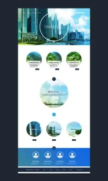 Blue Bright  One Page Website Template with Cityscape Skyline Header Design Stock Illustration