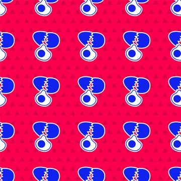 Blue Broken egg icon isolated seamless pattern on red background. Happy Easte Stock Illustration