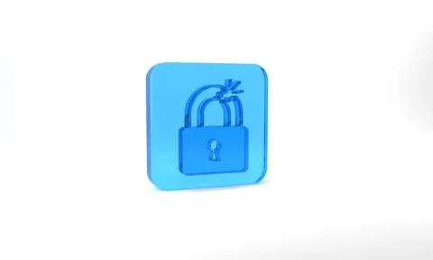 Blue Broken or cracked lock icon isolated on grey background. Unlock sign. Glass Stock Illustration