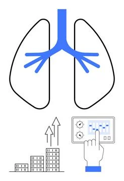 Blue bronchial pathways in lungs, data charts showing growth trends, and cont Stock Illustration