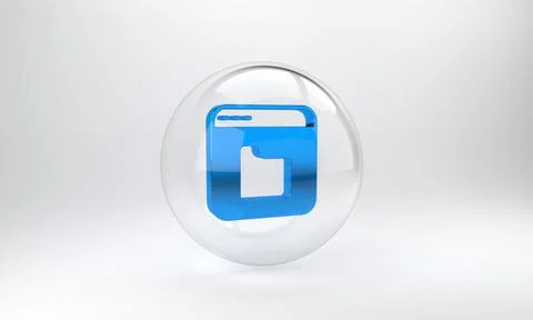 Blue Browser files icon isolated on grey background. Glass circle button. 3D  Stock Illustration