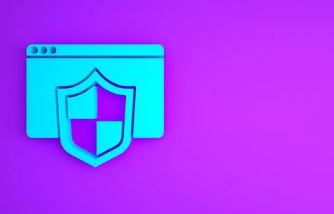 Blue Browser with shield icon isolated on purple background. Security, safety Stock Illustration