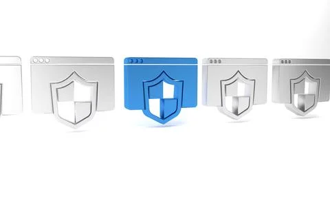 Blue Browser with shield icon isolated on white background. Security, safet.. Illustrazione stock