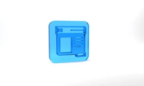 Blue Browser window icon isolated on grey background. Glass square button. 3d Illustrazione stock
