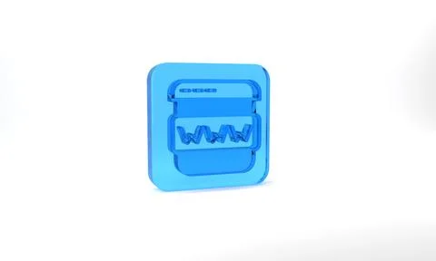 Blue Browser window icon isolated on grey background. Glass square button. 3d Stock Illustration