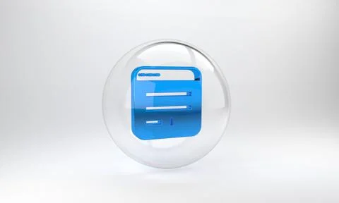 Blue Browser window icon isolated on grey background. Glass circle button. 3D Illustrazione stock