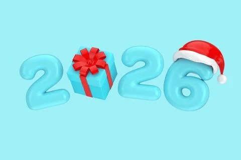Blue Bubble 2026 New Year Sign with Gift Box and Santa Hat. 3d Rendering Stock Illustration