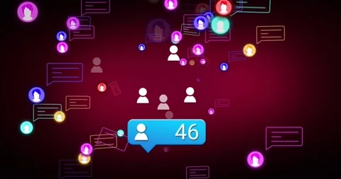 Blue bubble updating count, drawing color avatars in on maroon tech UI, showing Stock Footage 333902745