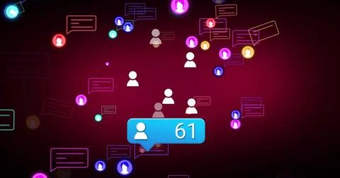 Blue bubble updating count, drawing color avatars in on maroon tech UI, showing Stock Illustration