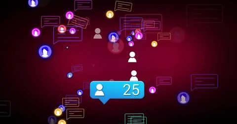 Blue bubble updating count, drawing color avatars in on maroon tech UI, showing Stock Illustration