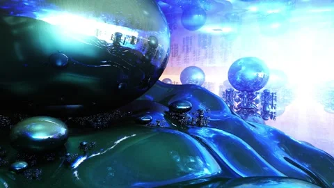 Blue bubbles with mirror surface, lightnings at the background. 3D fractals. Stock-Footage 130186817