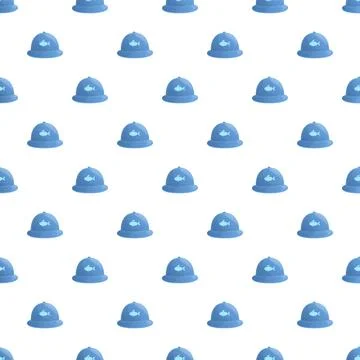 Blue bucket hat and fish seamless pattern Stock Illustration
