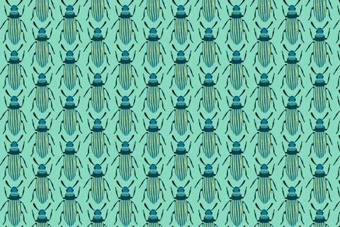 Blue bug pattern on green. Insects background Stock Illustration